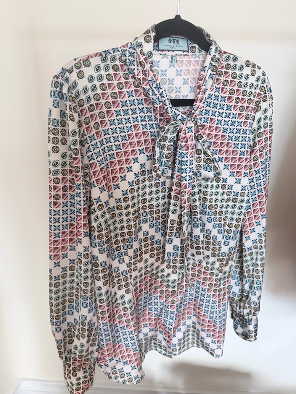 Hatch Collection Women's Multi-Color Tie-Neck Geometric Satin Blouse